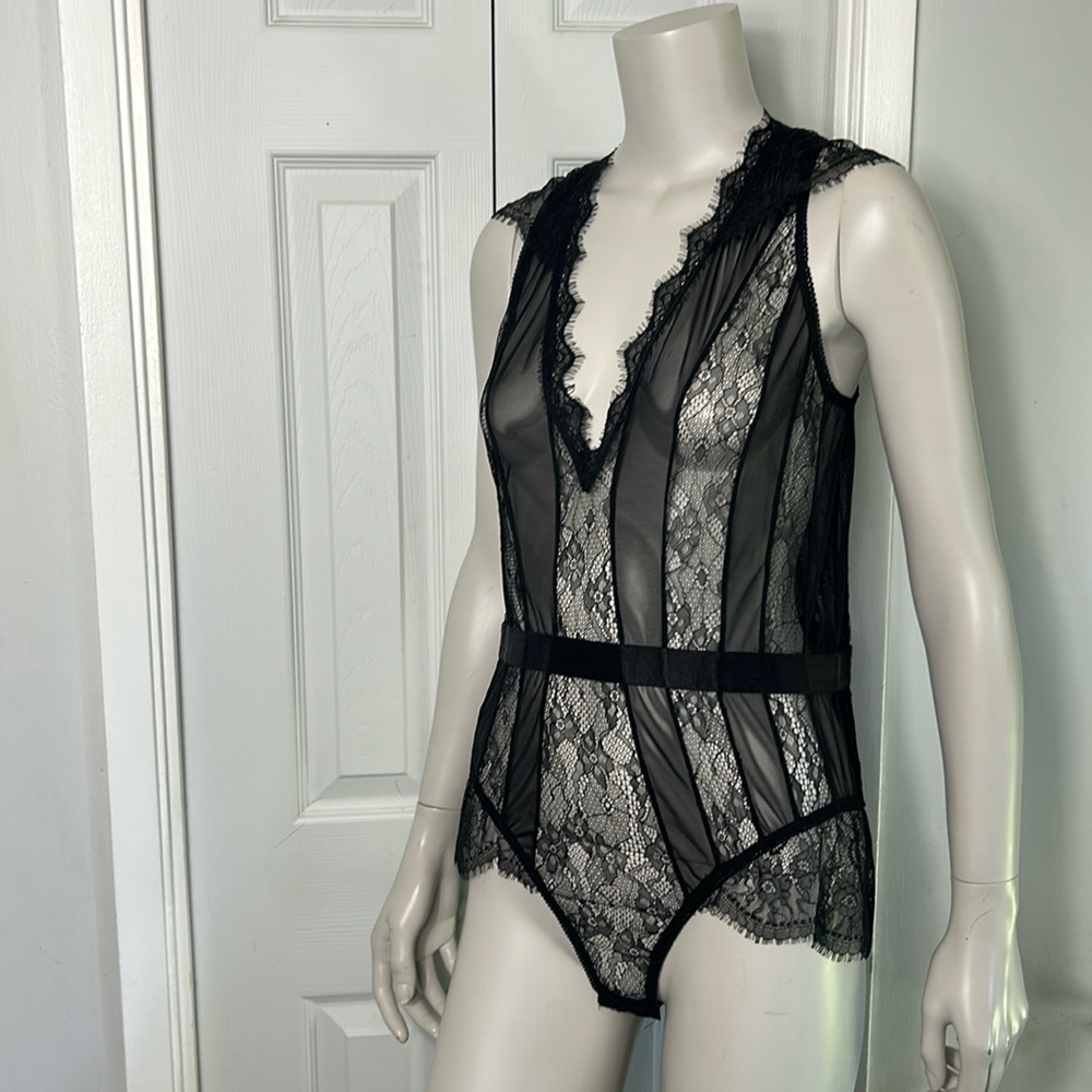 Plus Size OH LA LA CHERI Black Lace And Satin Boning Sheer Bodysuit. Stunning!